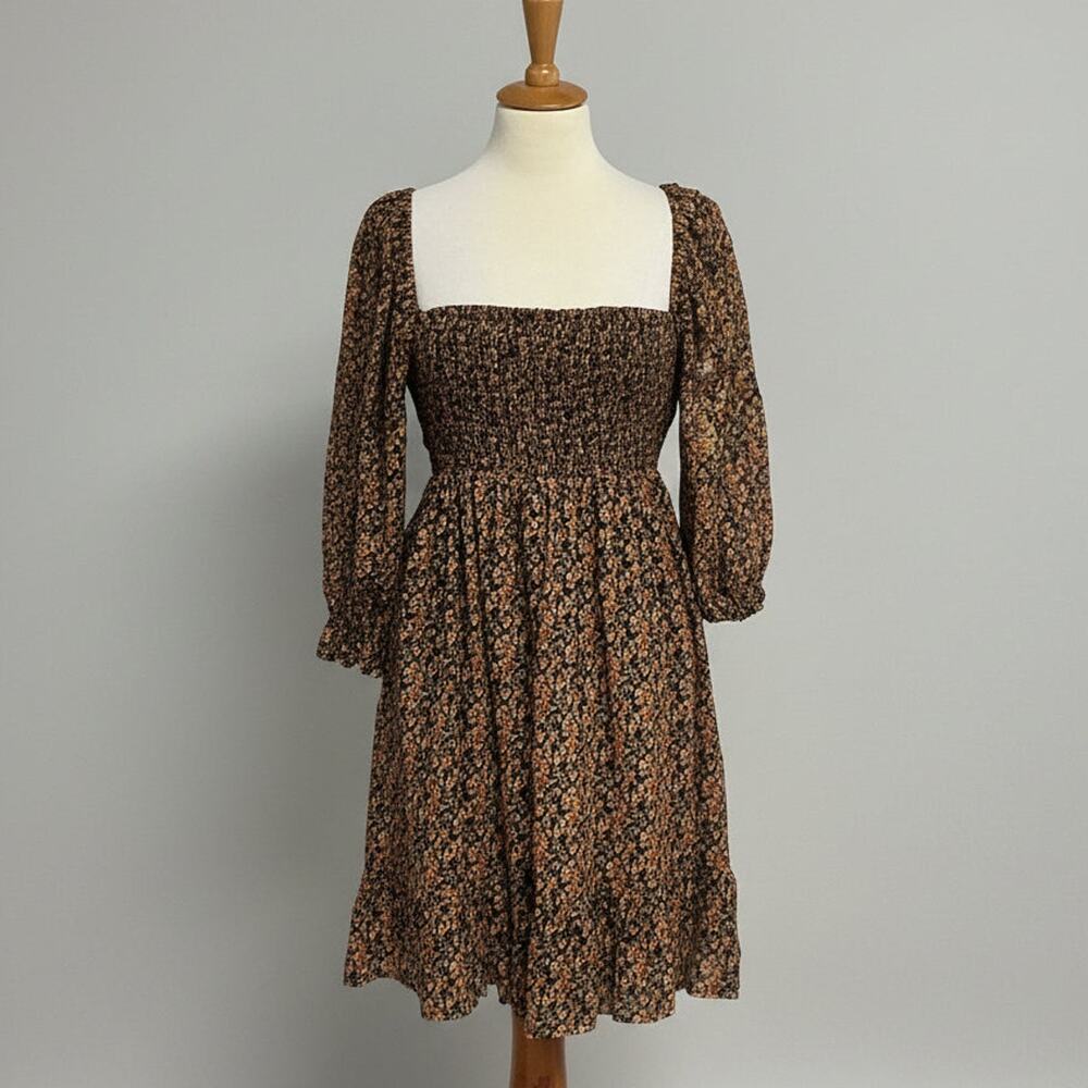 Faithfull the Brand black and orange floral linen dress, size 8